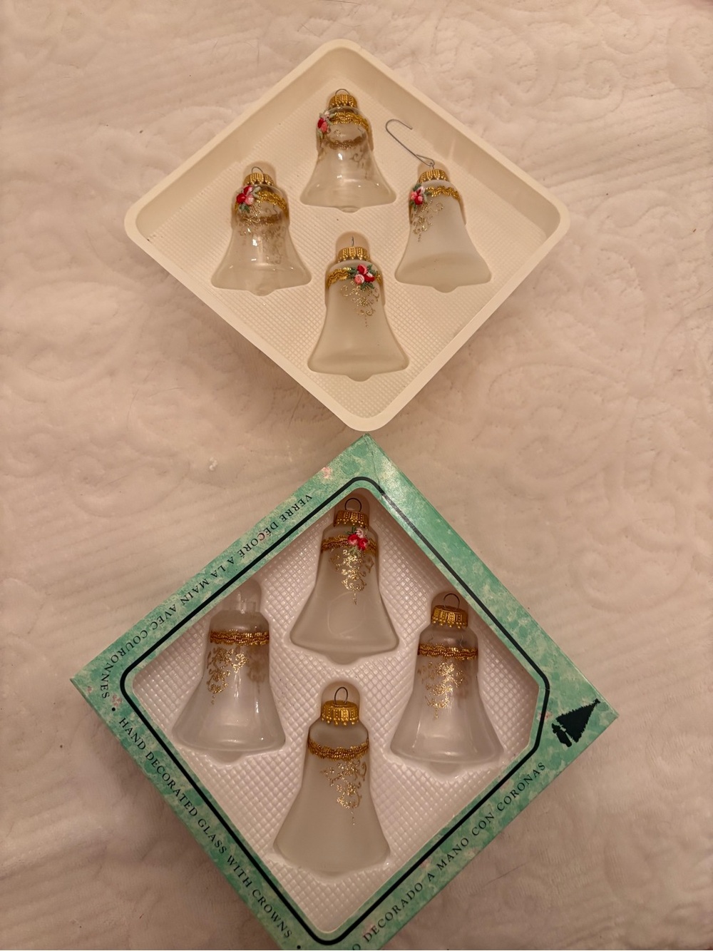 Elegant White Glass Bell Ornaments with Gold Accents